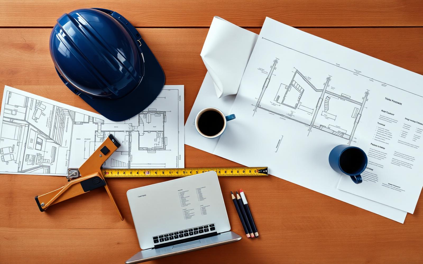 Blueprints, hard hat, tape measure, and study materials on a workbench