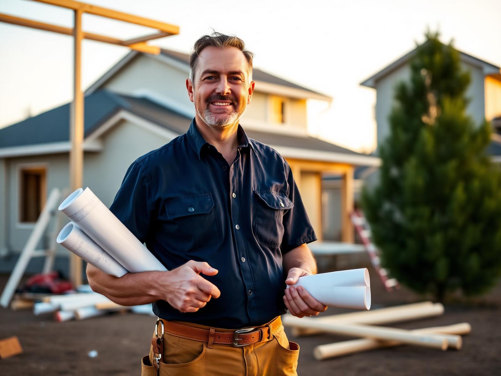 California licensed contractor on a residential job site holding blueprints