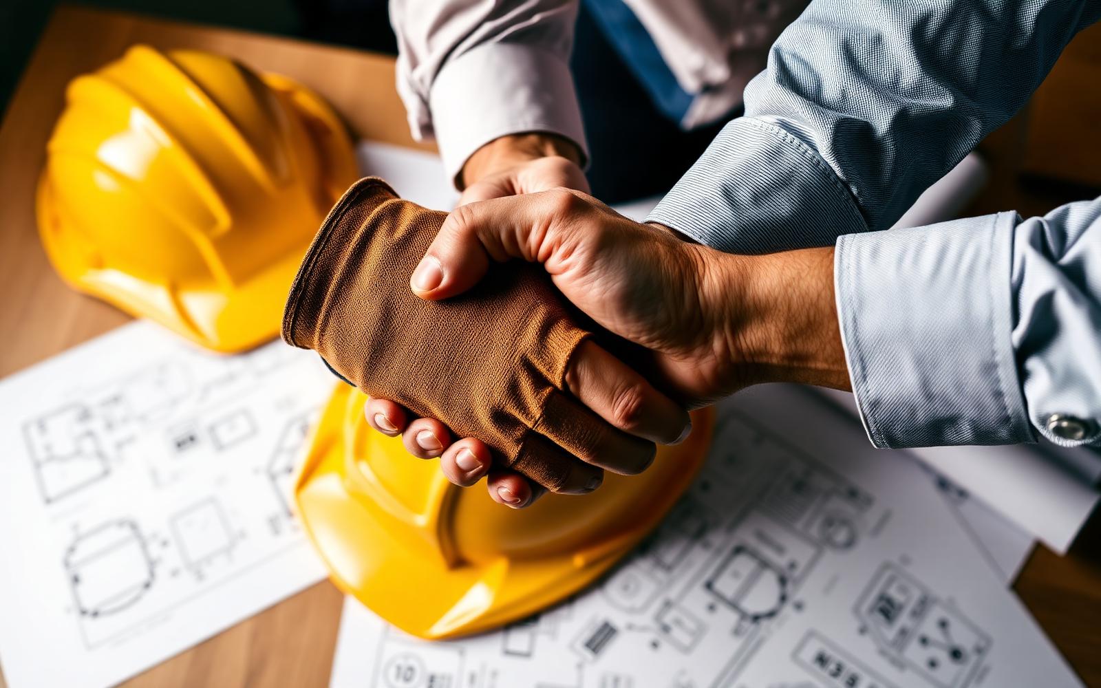 Contractor and client shaking hands over construction blueprints